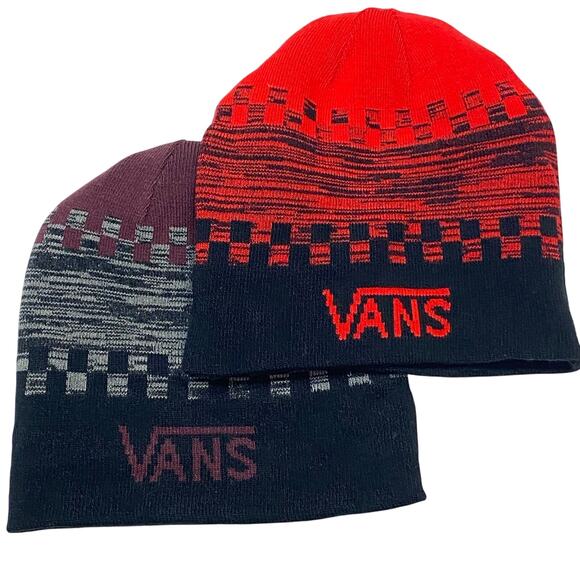 Vans Reversible Beanie Skull Cap Knit Black Red Checkered Hat Unisex Lot of 2 - Picture 1 of 9